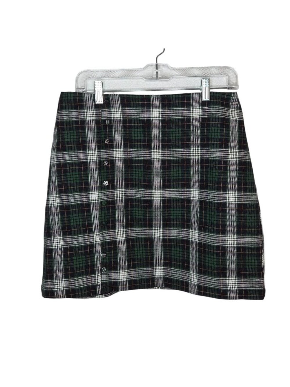 Blue Rain Green Plaid Button-Accent Mini Skirt Lined Size L NWT